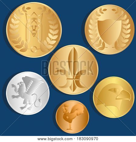 Different metal coins. Blue background. Vector Image