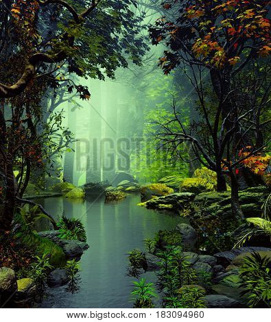 3D Illustration of forest landscape with a small lake in a cloudy atmosphere