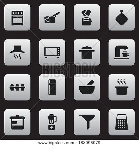 Set Of 16 Editable Cook Icons. Includes Symbols Such As Shredder, Kitchen Hood, Hand Mixer. Can Be Used For Web, Mobile, UI And Infographic Design.