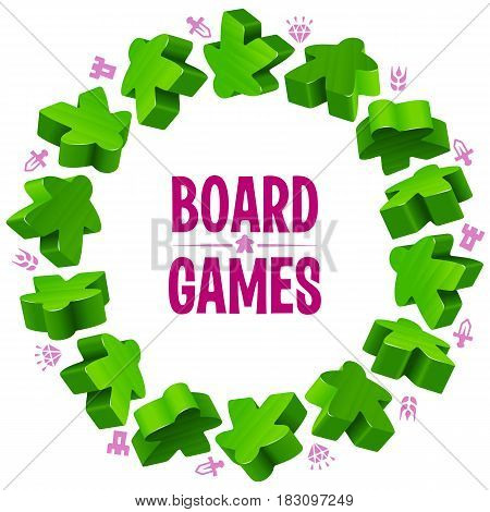 Circle frame of green meeples for board games. Game pieces and resources counter icons isolated on white background. Vector border for design boardgames advertisement or template of geek t-shirt print