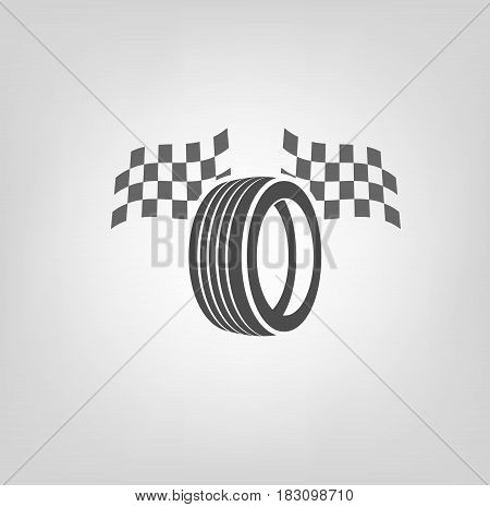 Car tire icon with finish flags in grey colours useful for icon and logotype design on a light background. Realistic graphic style. Transportation automotive concept. Beautiful vector illustration
