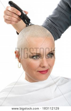 Beautiful Middle Age Woman Cancer Patient Shaving Hair