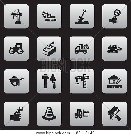 Set Of 16 Editable Construction Icons. Includes Symbols Such As Construction Tools, Scrub, Caterpillar And More. Can Be Used For Web, Mobile, UI And Infographic Design.