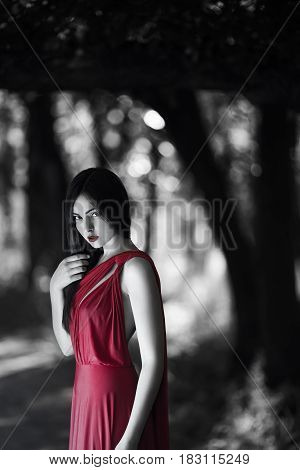 Sexy fashion model walking in a fantastical forest by footpath.Mystical portrait of sensual seductive woman with naked back in luxury long red dress posing against bokeh trees background. Multi-racial Asian Caucasian girl. Fashionable toning. Creative com