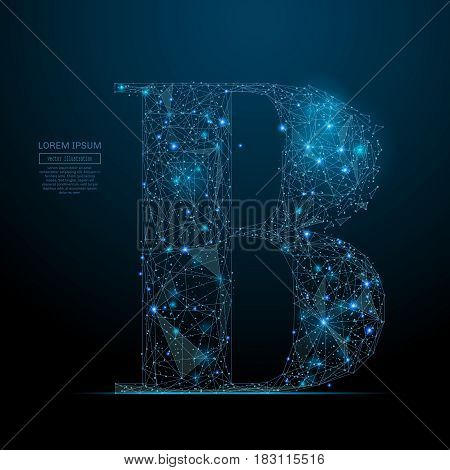 Abstract image of the letter B with diagram of a starry sky or space, consisting of points, lines, and shapes in the form of planets, stars and the universe. Vector business