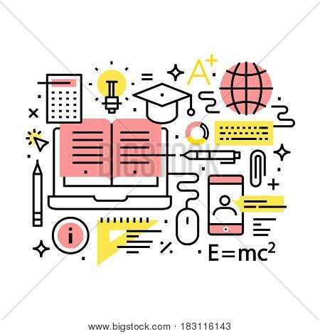 Modern education and online learning concept collage. Modern thin line art icons. Linear style illustrations isolated on white.