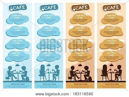 Couples of people in cafe eat, drink. Templates for flyers and banners. Vector Illustration with men and women at tables on city background in two colors