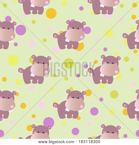 seamless pattern with cartoon cute toy baby behemoth and Circles on a light green background
