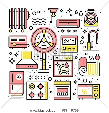 Collage with large household appliances for kitchen and HVAC devices for air and water temperature control. Modern thin line art icons background. Linear style illustrations isolated on white.