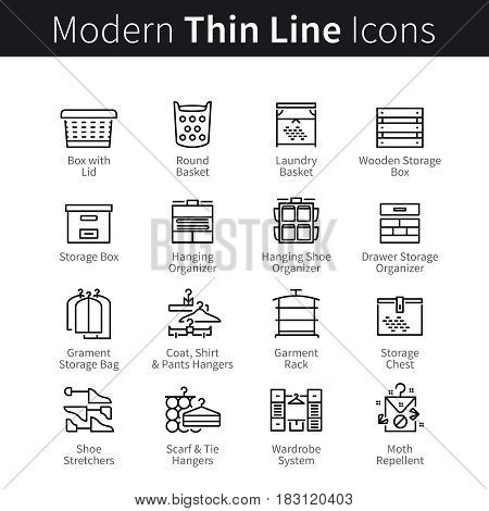Household accessories and organizers for clothes, shoes and storage. In house storing furniture equipment. Thin black line art icons. Linear style illustrations isolated on white.