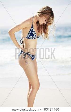 Gorgeous bikini clad woman posing on beach