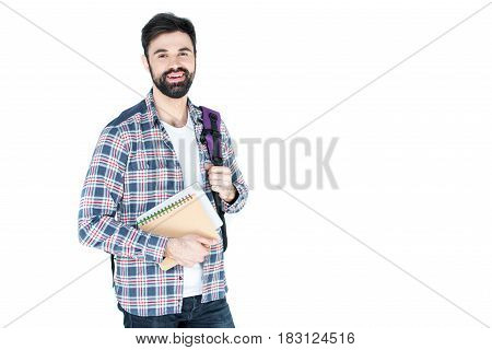 Bearded Student Holding Copybooks Isolated On White Wth Copy Space