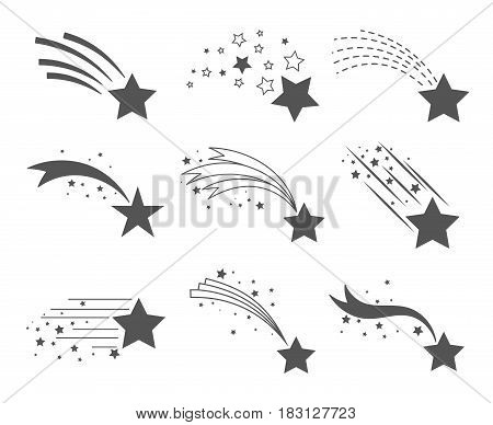 Shooting stars icons. Comet tail or star trail vector set isolated on white background. Stardust falling simple meteorites