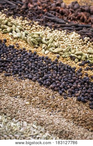 Traditional international grain and seed as spice as close-up