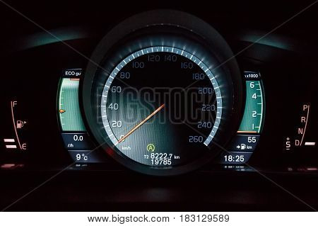 Closeup image of modern electronic spedometer og a car