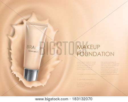Vector 3D cosmetic illustration for the promotion of foundation premium product. Colorstay make-up in glass bottle against the backdrop of a splash of foundation