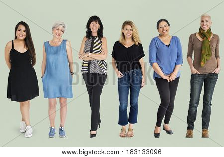 Diversity Women Set Gesture Standing Together Studio Isolated
