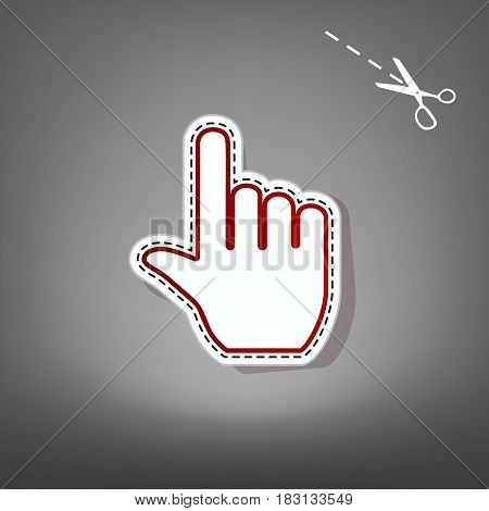 Hand sign illustration. Vector. Red icon with for applique from paper with shadow on gray background with scissors.