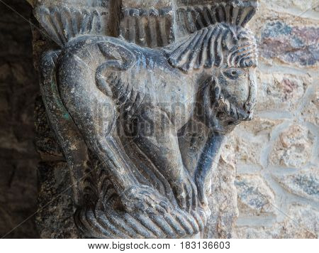 Closeup of Catalan roman art sculpture in the Abbey of Saint-Martin du Canigou France
