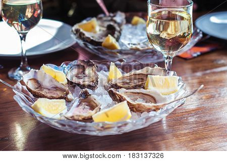 Oysters and wine. Oysters with lemon on ice and white wine. Seafood and white wine with ice. Ukrainian oysters and homemade wine.