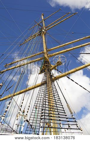 rigging and mast of old ship in detail.