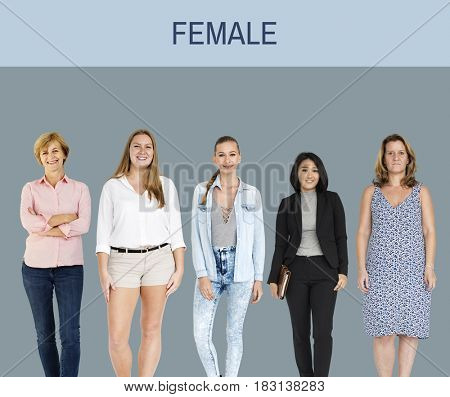 Diversity Women Set Gesture Standing Together Studio Isolated