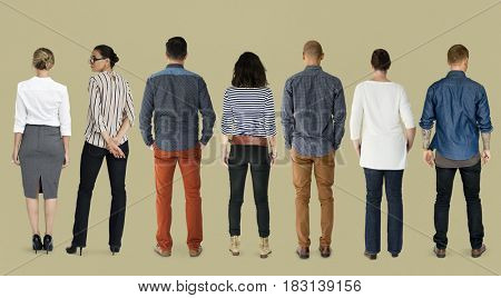 Group of Diverse People Turn Back Side Set Studio Isolated