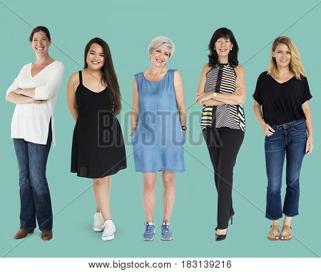 Diversity Women Set Gesture Standing Together Studio Isolated