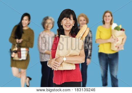 Diversity Women Buy Food Supermarket Studio Isolated
