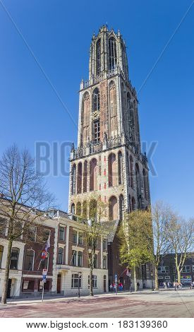 UTRECHT, NETHERLANDS - APRIL 09, 2017: Tower of the Dom church in at the central square in Utrecht, Holland