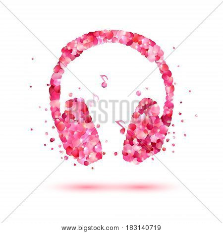 Vector headphone of ponk rose petals. Music icon