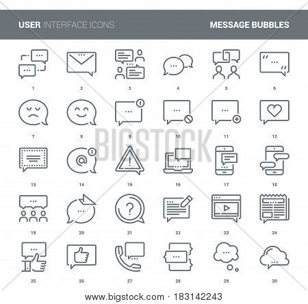 Vector set of message bubbles flat line web icons. Each icon with adjustable strokes neatly designed on pixel perfect 48X48 size grid. Fully editable and easy to use.