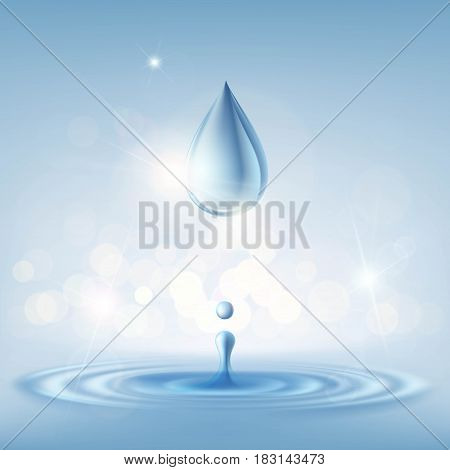 Texture clean drop of water with splashes. Stock vector illustration.