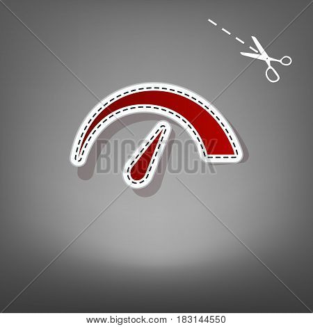 Speedometer sign illustration. Vector. Red icon with for applique from paper with shadow on gray background with scissors.