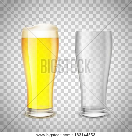 Set of glass empty and with beer on a transparent background. Stock vector illustration.