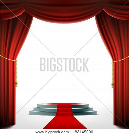 Round Podium Under The Red Curtain. Stock Vector Illustration.