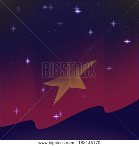 Waving flag of Vietnam. Background of the night starry sky. Shining in the colors of the national flag. vector illustration
