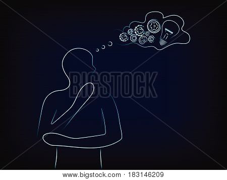 man with complex gearwheels mechanism inside thought bubble, concept of elaborating ideas (vector illustration with neon effect on mesh background)