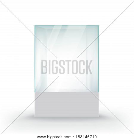 Glass showcase for the exhibition in the form of a cube. Isolated on white background. Stock vector illustration.