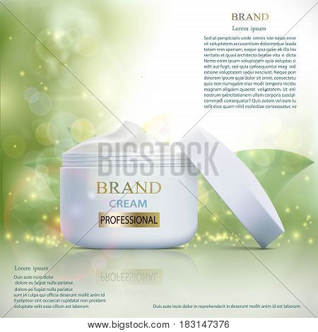 Plastic container with cosmetic cream on a natural background. Skin Care ads template. Stock vector illustration.