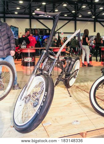 St. Petersburg Russia - 15 April, Designer model of a bicycle,15 April, 2017.
International Motor Show IMIS-2017 in Expoforurum.
Motorcycles and motoconcepts presented at St. Petersburg Motor Show.