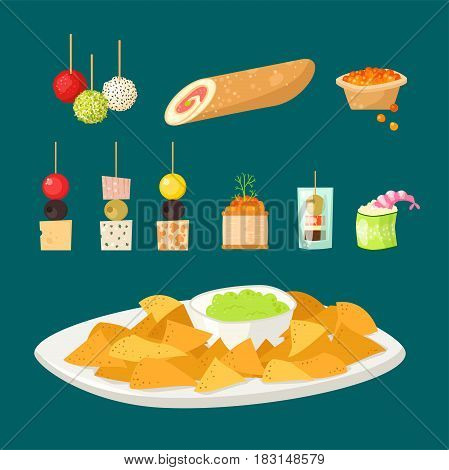 Various meat canape snacks appetizer fish and cheese banquet snacks on platter illustration. Cuisine buffet delicious. Vector tasty starter restaurant catering tartlet ham sandwich.