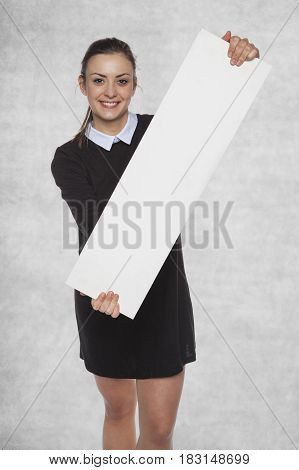 Smiling Fashion Woman Holding A Blank Billboard, Space For Your Ad