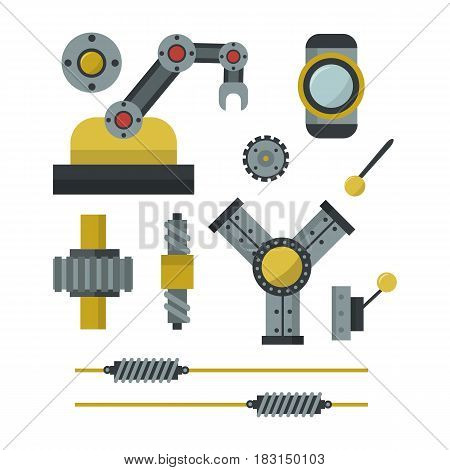 Part of machinery flat icon manufacturing work detail design gear mechanical equipment industry technical engine. Vector technology element engineering metallic factory tool.