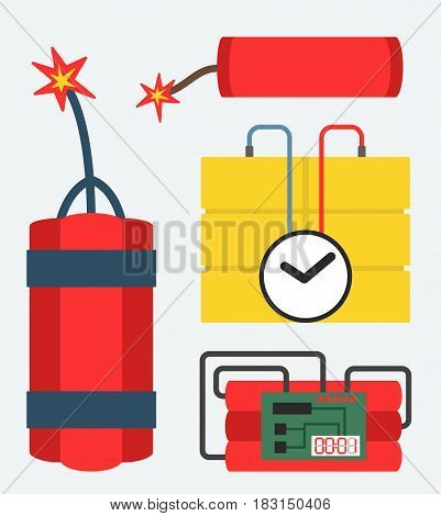 Set of bomb and dynamite explosive violence icons illustration. Bomb military weapon symbol explosive icon. Cartoon atomic danger army destruction fire bomb and rockets.