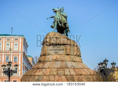 Monument to famous Ukrainian Hetman Bogdan Khmelnitsky on Sofia square in Kiev Ukraine