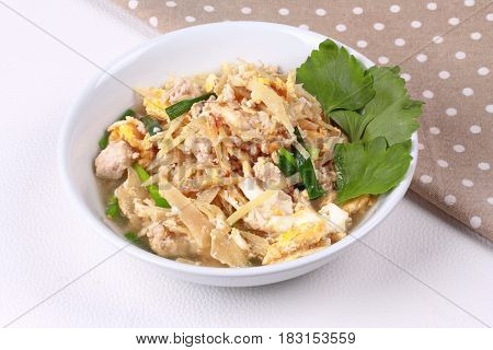 Fried Egg And  Ginger With Minced Pork In Soup.
