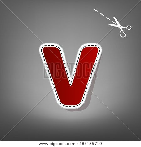 Letter V sign design template element. Vector. Red icon with for applique from paper with shadow on gray background with scissors.