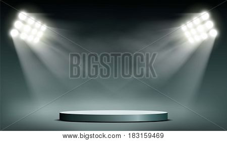 Round podium illuminated by searchlights. Stock vector illustration.