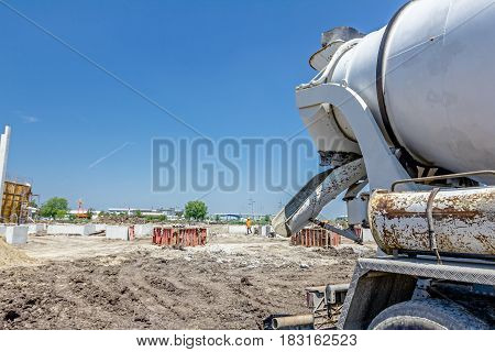 Mixer truck is transport cement to the casting place on building site.
